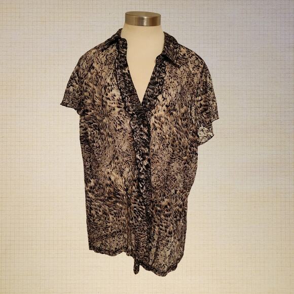 Sheer Animal Print Tunic Blouse Deep V Ruffle Dress Barn XL - Picture 1 of 7